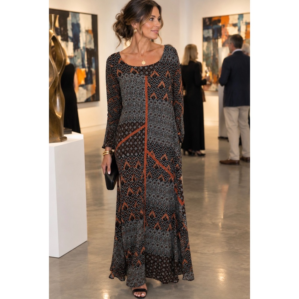 Soft Surroundings Embroidered Beaded Geometric Print Maxi Dress Black Rust PL